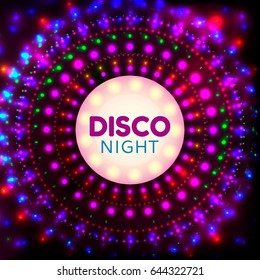 Shining Neon Disco Background for Disco Banner.Neon Shining Dots,Colorful Neon Flares in form of circle.Colorful Abstract Cyber Background with Neon glowing Points,Shining Flares,Disco Night Concept.