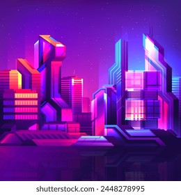 Shining neon downtown. Night futuristic street with modern high-rise buildings scene. Futuristic cyberpunk city scene concept.