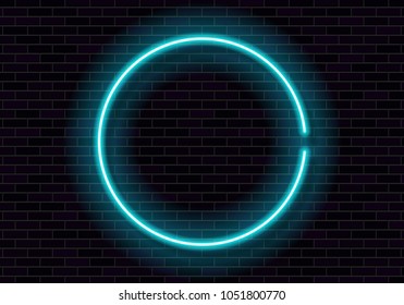 Shining neon frame on brick wall. Blue neon sign in the shape of a circle. Vector illustration.