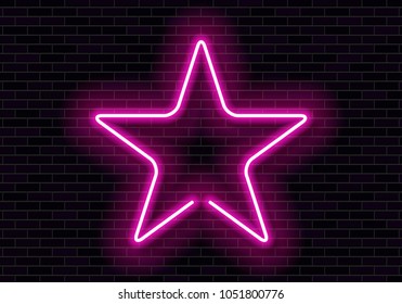 Shining neon frame on brick wall. Pink neon sign in the shape of a star. Vector illustration.