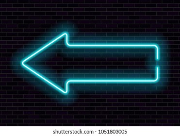 Shining neon frame on brick wall. Blue neon sign in the shape of a arrow. Vector illustration.