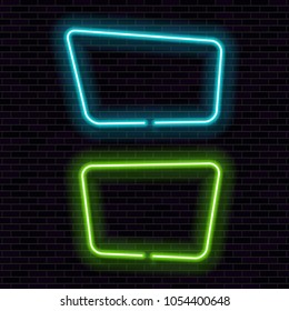 Shining neon frame on brick wall. Blue and green neon sign. Vector illustration.