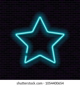 Shining neon frame on brick wall. Blue neon sign in the shape of a star. Vector illustration.