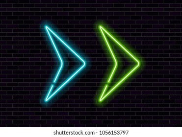 Shining neon frame on brick wall. Blue and green neon sign in the shape of an arrow. Vector illustration.