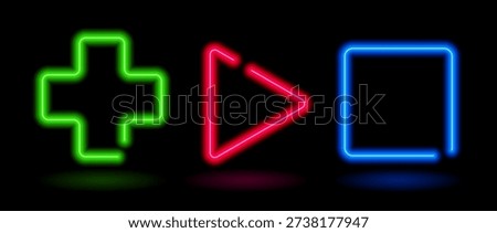 Shining neon geometric frames. Glowing plus, triangle and square led lamp border collection. Shiny illuminated fluorescent green, red and blue signs for banner, text box, poster template. Vector