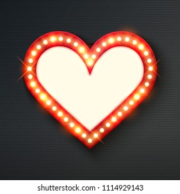 Shining neon heart frame, retro banner template, vector illustration