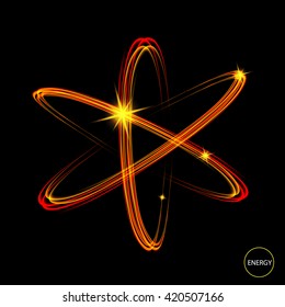  Shining neon lights atom model. Gold crossed circles light train effect. Glowing atom structure with magic fire ring trace. Glitter sparkle swirl trail effect on black background.