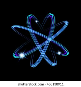 Shining neon lights atom model. Crossed circles light train effect. Glowing atom structure with magic fire ring trace.