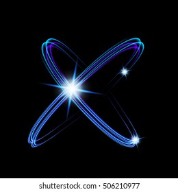 Shining neon lights atom model. Crossed circles light train effect. 