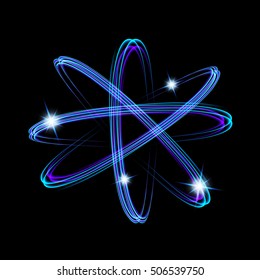 Shining neon lights atom model. Crossed circles light train effect. Glowing atom structure with magic fire ring trace.