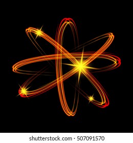 Shining neon lights atom model. Crossed circles light train effect.