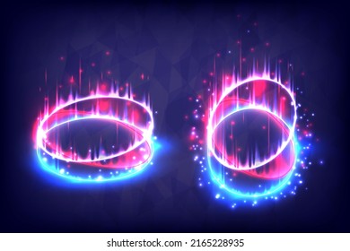 Shining neon lights cosmic. Glowing swirl light effect. Magic abstract frame. Power energy of circular element. Luminous sci-fi. Futuristic swirl universe trail effect. Glitch, rays  and flame