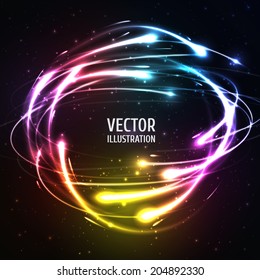 Shining Neon Lights Like Meteors in Sphere. Vector Illustration for artwork, party flyers, posters, banners