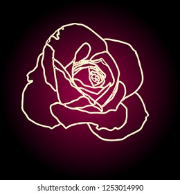 Shining Neon Pink Rose. Vector illustration. Creative realistic drawing, tattoo. Vintage paintings, postcard, background, wallpaper. Interior decoration, Textile. Flower gift for favorite women