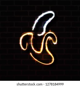 shining neon sign of banana fruit on dark brick wall realistic vector illustration