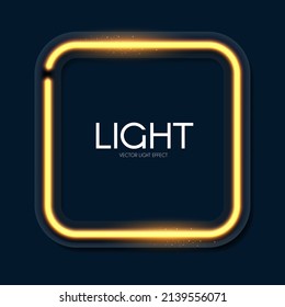 Shining neon square banner. Simple light element on blue background. Golden light