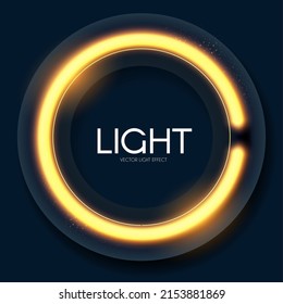 Shining neon square banner. Simple light element on blue background. Golden light
