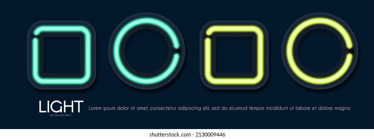 Shining neon square and circle banner set. Simple light element collection on blue background. Golden light