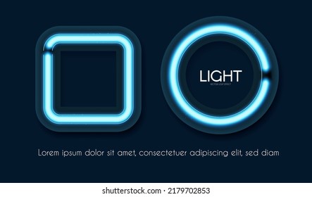 Shining neon square and circle banner set. Simple light element collection on blue background. Golden light