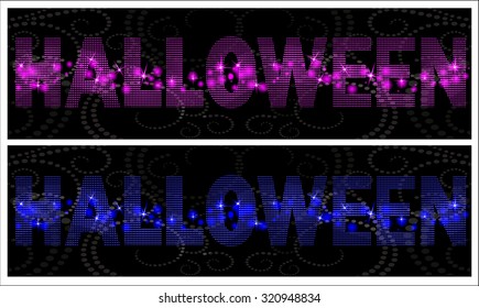 Shining neon word "Halloween". Halfton style. Vector illustration.