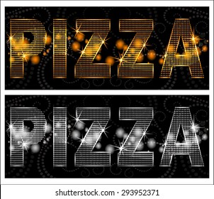 Shining neon word "Pizza". Halftona style. Vector illustration.