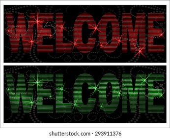 Shining neon words: "Welcome." Halftona style. Vector illustration.