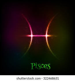 Shining neon zodiac Pisces vector symbol