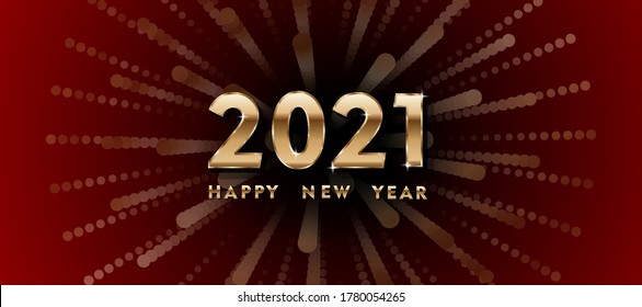 A shining new year card 2021 with Golden fireworks, a banner or a party poster design with wishes of happiness on New year's eve. The Golden glitter of the salute shines on a red background.