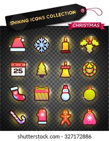 Shining New Year icons collection with bokeh lights effects on transparent background. Vector illustration