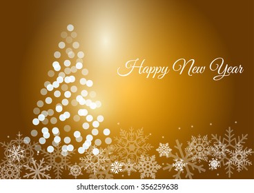Shining new year tree on gold gradient background. Christmas or New Year greeting card design concept. Symbol of winter. Can be used on post cards, other print products, page and web decor.