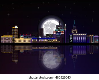 A shining night city reflected in water with a huge moon at the sky skyline