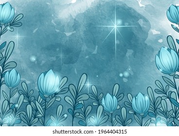 Shining night flowers. Vector floral template with azure night flowers and stars on dark background. Watercolor texture.