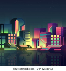Shining night futuristic city. Abstract colorful high-rise buildings in a modern cityscape.