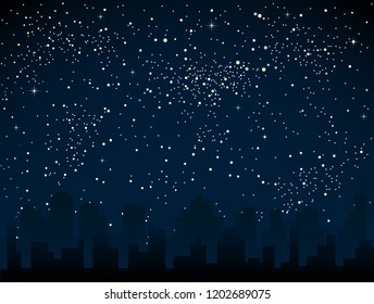 Shining night stars sky under city. Black silhouette buildings, skyscraper, houses. Urban town cityscape in the starry dark blue. Space background, banner, backdrop vector illustration.