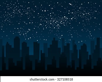 Shining Night Stars Sky Under City. Black Silhouette Buildings, Skyscraper, Houses. Urban Town Cityscape In The Starry Dark Blue. Space Background, Banner, Backdrop Vector Illustration.