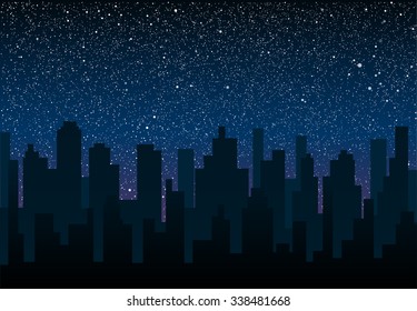 Shining night stars sky under city. Black silhouette buildings, skyscraper, houses. Urban town cityscape in the starry dark blue. Space background, banner, backdrop vector illustration.