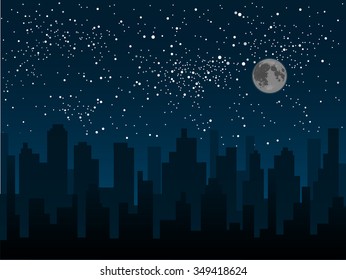 Shining night stars sky under city. Black silhouette buildings, skyscraper, houses. Urban town cityscape in the starry dark blue. Space background, banner, backdrop vector illustration.