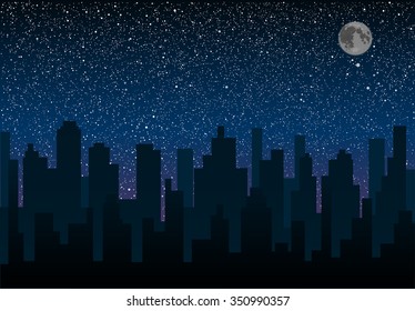 Shining night stars sky under city. Black silhouette buildings, skyscraper, houses. Urban town cityscape in the starry dark blue. Space background, banner, backdrop vector illustration.