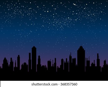 Shining Night Stars Sky Under City. Black Silhouette Buildings, Skyscraper, Houses. Urban Town Cityscape In The Starry Dark Blue. Space Background, Banner, Backdrop Vector Illustration.