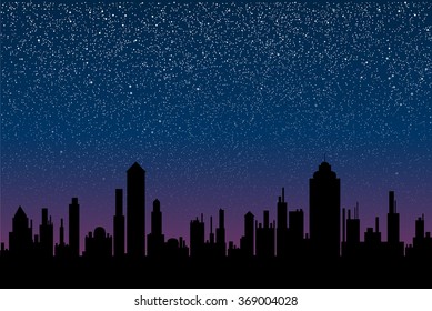Shining night stars sky under city. Black silhouette buildings, skyscraper, houses. Urban town cityscape in the starry dark blue. Space background, banner, backdrop vector illustration.