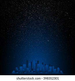 Shining night stars sky under city. Black silhouette buildings, skyscraper, houses. Urban town cityscape in the starry dark blue. Space background, banner, backdrop vector illustration.