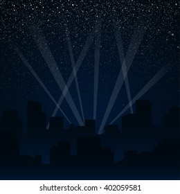 Shining night stars sky under city. Black silhouette buildings, skyscraper, houses. Urban town cityscape in the starry dark blue. Space background, banner, backdrop vector illustration.