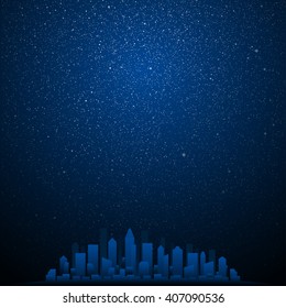 Shining night stars sky under city. Black silhouette buildings, skyscraper, houses. Urban town cityscape in the starry dark blue. Space background, banner, backdrop vector illustration.