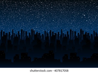 Shining night stars sky under city. Black silhouette buildings, skyscraper, houses. Urban town cityscape in the starry dark blue. Space background, banner, backdrop vector illustration.