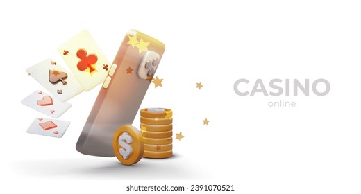 Shining online casino concept. Advertising of phone application for gambling. Realistic smartphone, stacks of coins, playing cards. Vector color poster