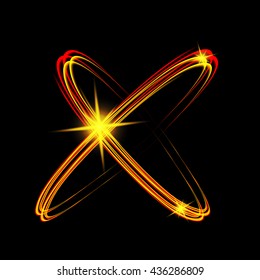 Shining orange lights atom model. Crossed circles light train effect. Glowing atom structure with magic fire ring trace. 