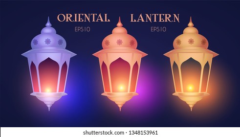 Shining Oriental Lantern with Light. Arabic and Islamic Element. Ramadan Lamp. Vector illustration