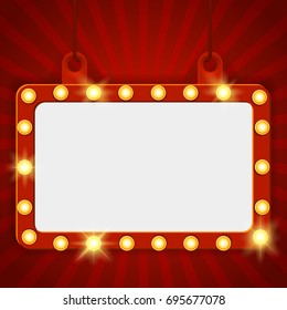 Shining party banner on red curtain background. Suspended glowing signboard, Cinema billboard. Signboard-background with lamps along the border for lottery, casino, poker, roulette Vector illustration