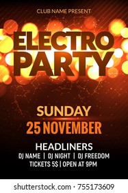 Shining party poster background template. Vector night party flyer banner with bokeh shining light design.