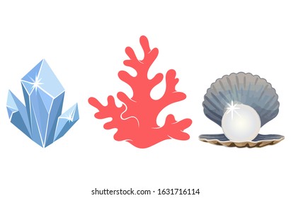 Shining pearl in opened seashell, crystal and coral on white background